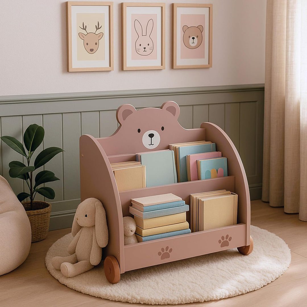 Relaxdays Bücherregal Kinder, Bärenmotiv, HBT: 58x60x40 cm, mit Rollen, abgerundete Ecken, Spielzeug
