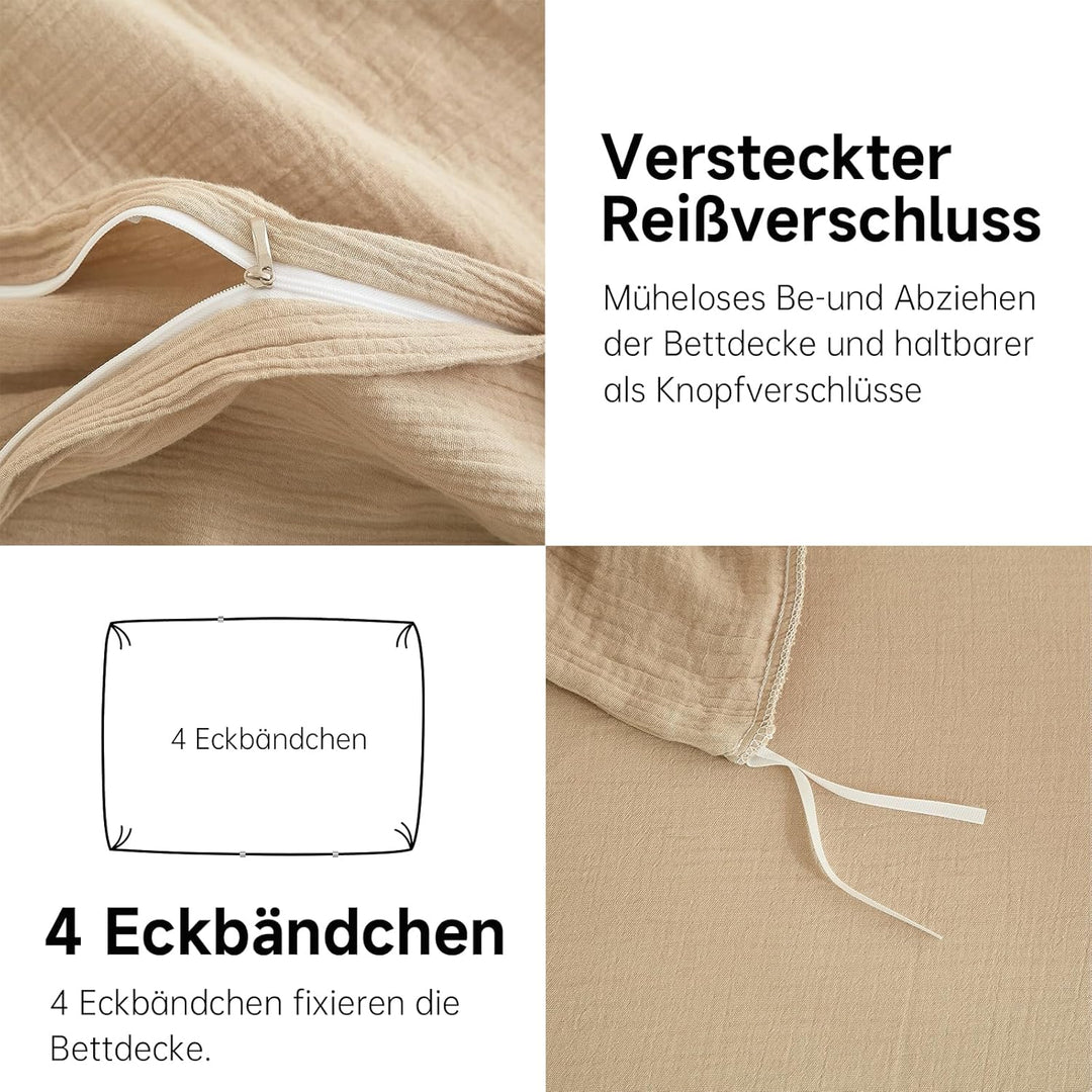 Boqingzhu Doppelte Muslin Bettwäsche Beige 135x200cm Baumwolle Weich Kuschelig Sommer Baumwollbettwä