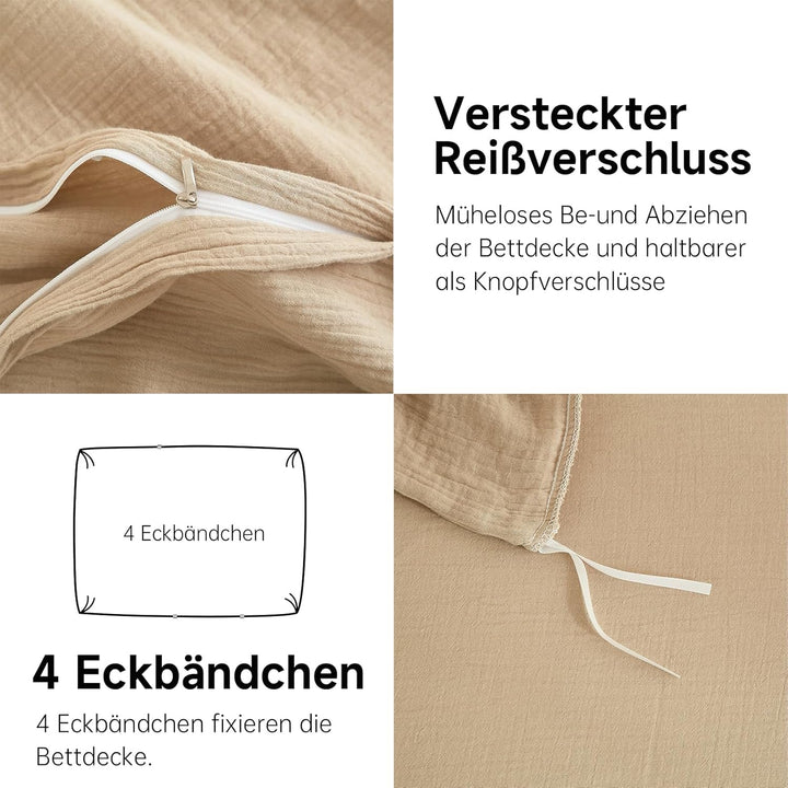 Boqingzhu Doppelte Muslin Bettwäsche Beige 135x200cm Baumwolle Weich Kuschelig Sommer Baumwollbettwä