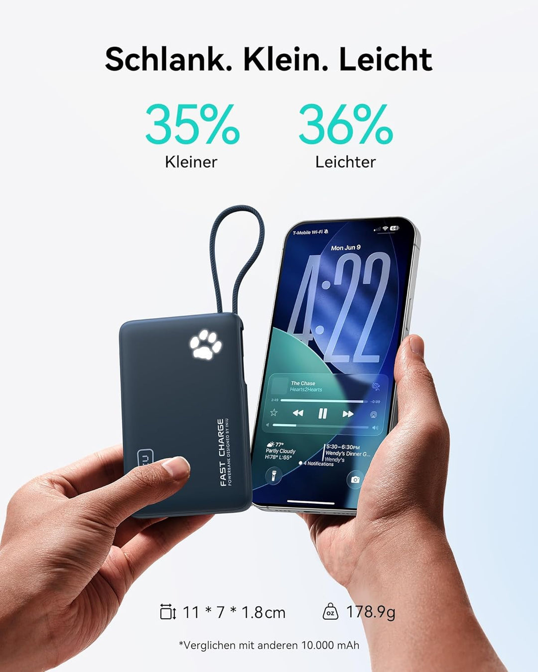 INIU Power Bank, Minigrösse 20W 10000mAh PowerBank mit Integriertem USB-C Kabel, PD3.0 QC4.0 USB C I