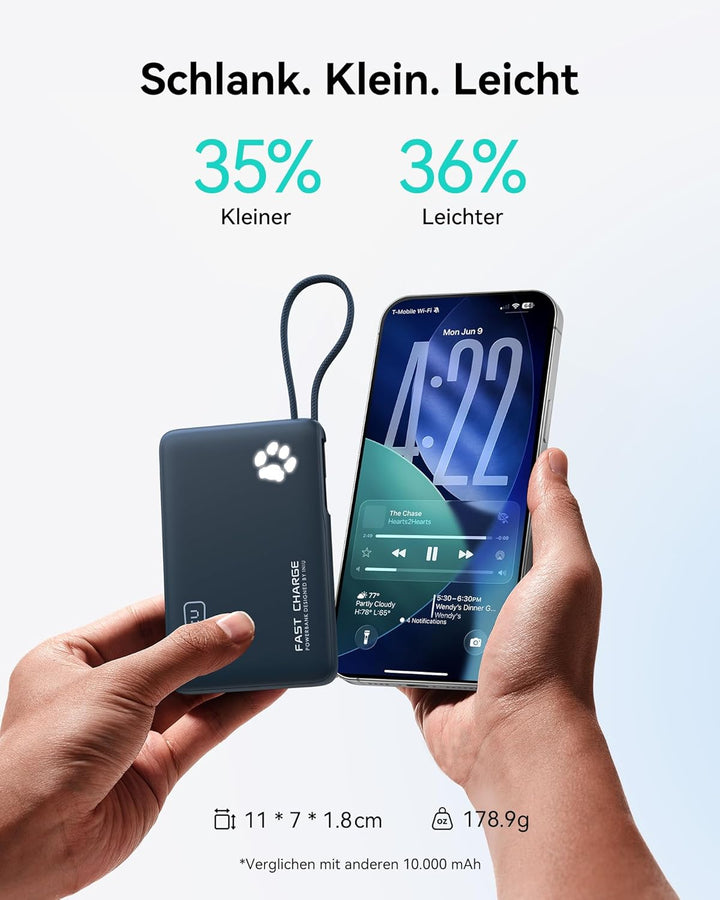 INIU Power Bank, Minigrösse 20W 10000mAh PowerBank mit Integriertem USB-C Kabel, PD3.0 QC4.0 USB C I