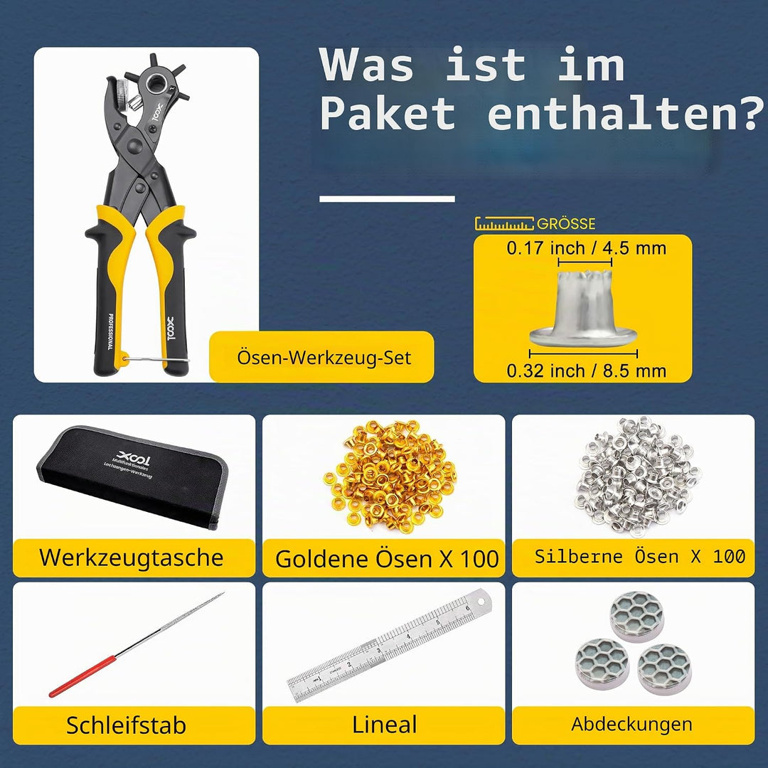 XOOL 2 in 1 Leder Lochzange Ösen Werkzeug Set, 4,5 mm Metall Ösen für Stoff, Lochstanzer, Ösenzange