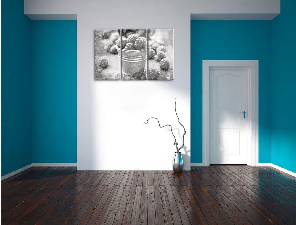 Pixxprint Himbeeren im Blecheimer Kohle Effekt 3-Teiler Leinwandbild 120x80 Bild auf Leinwand