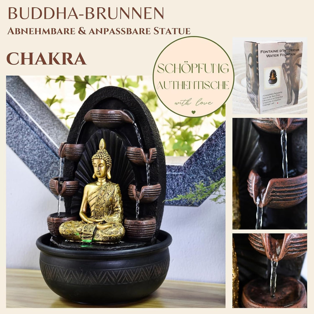 Innenbrunnen Wasserwand Kaskade Buddha Statue Abnehmbares farbenfrohes LED-Licht, Lucky Fountain mit