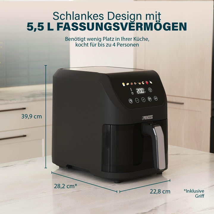 Princess Slim Airfryer 5L - 1500 W - leiser Betrieb (55 db) - Platzsparendes Design - Ölfrei - 8 Koc