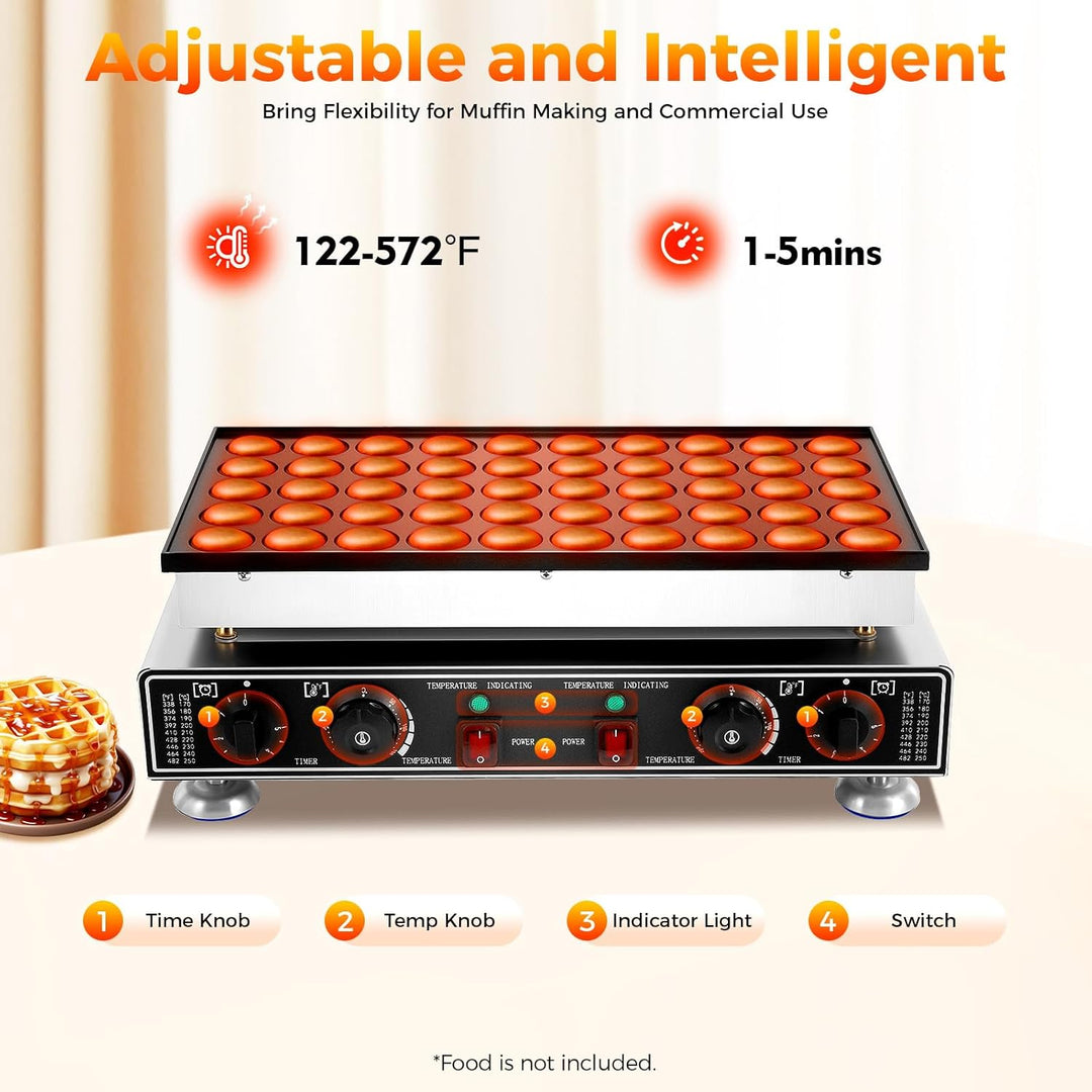 50-Loch Muffin-Maschine 1800W, Mini Dutch Pfannkuchenhersteller, Pufferchen für 50 runde Mini-Pfannk