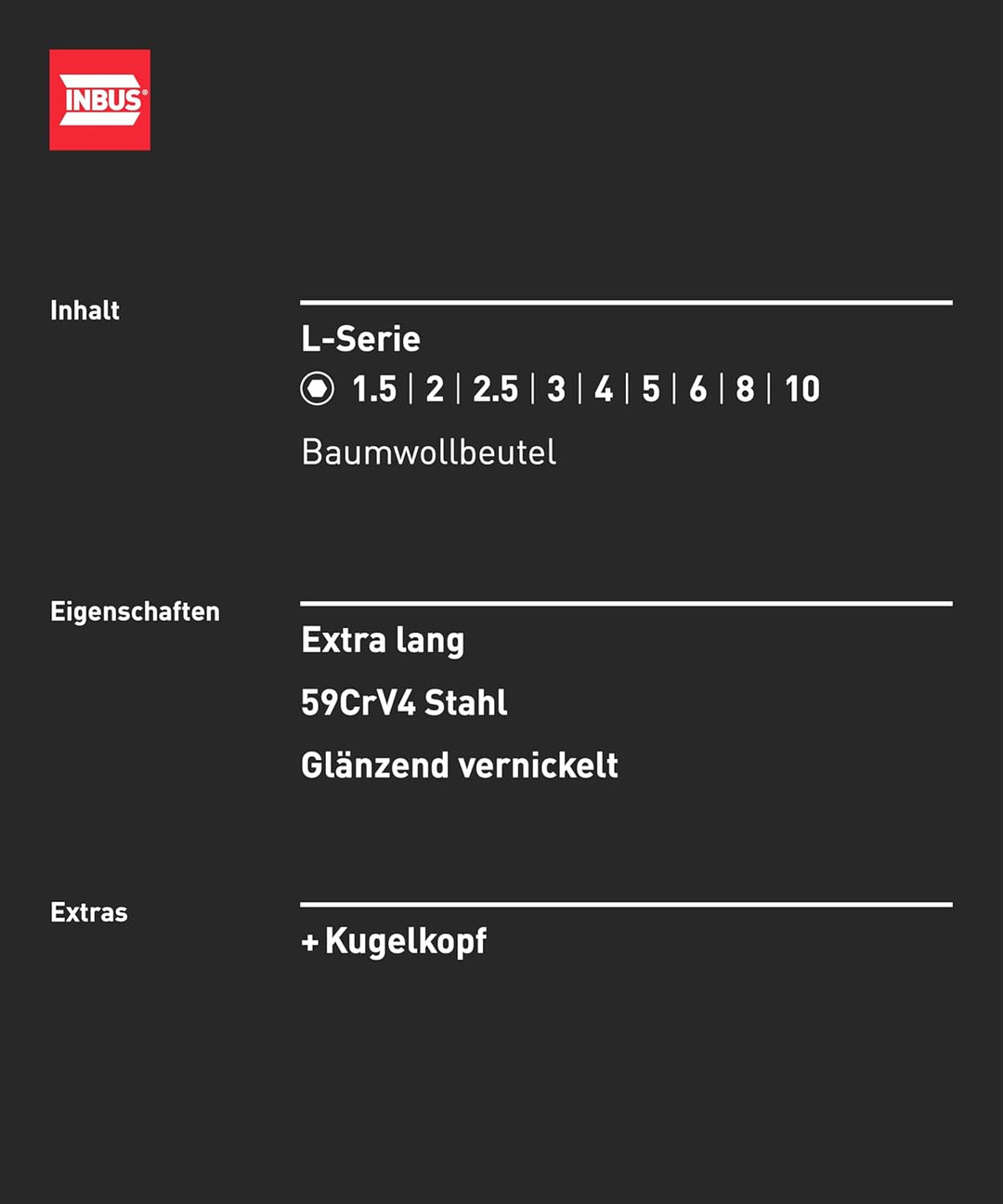 INBUS® 70167 Winkelschraubendreher Set 9tlg, 1.5–10mm, mit Kugelkopf — Made in Germany