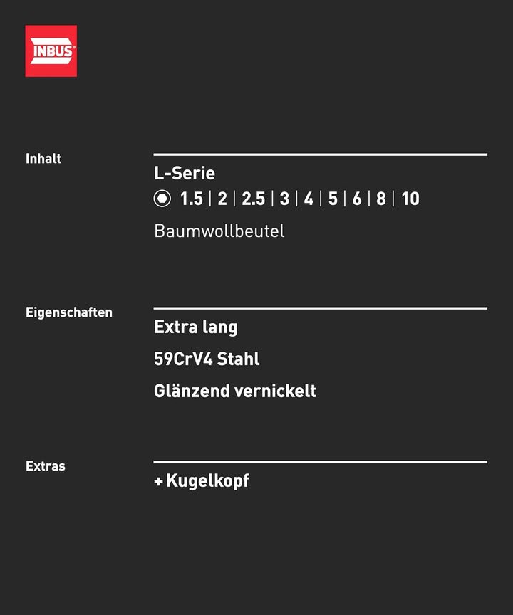 INBUS® 70167 Winkelschraubendreher Set 9tlg, 1.5–10mm, mit Kugelkopf — Made in Germany
