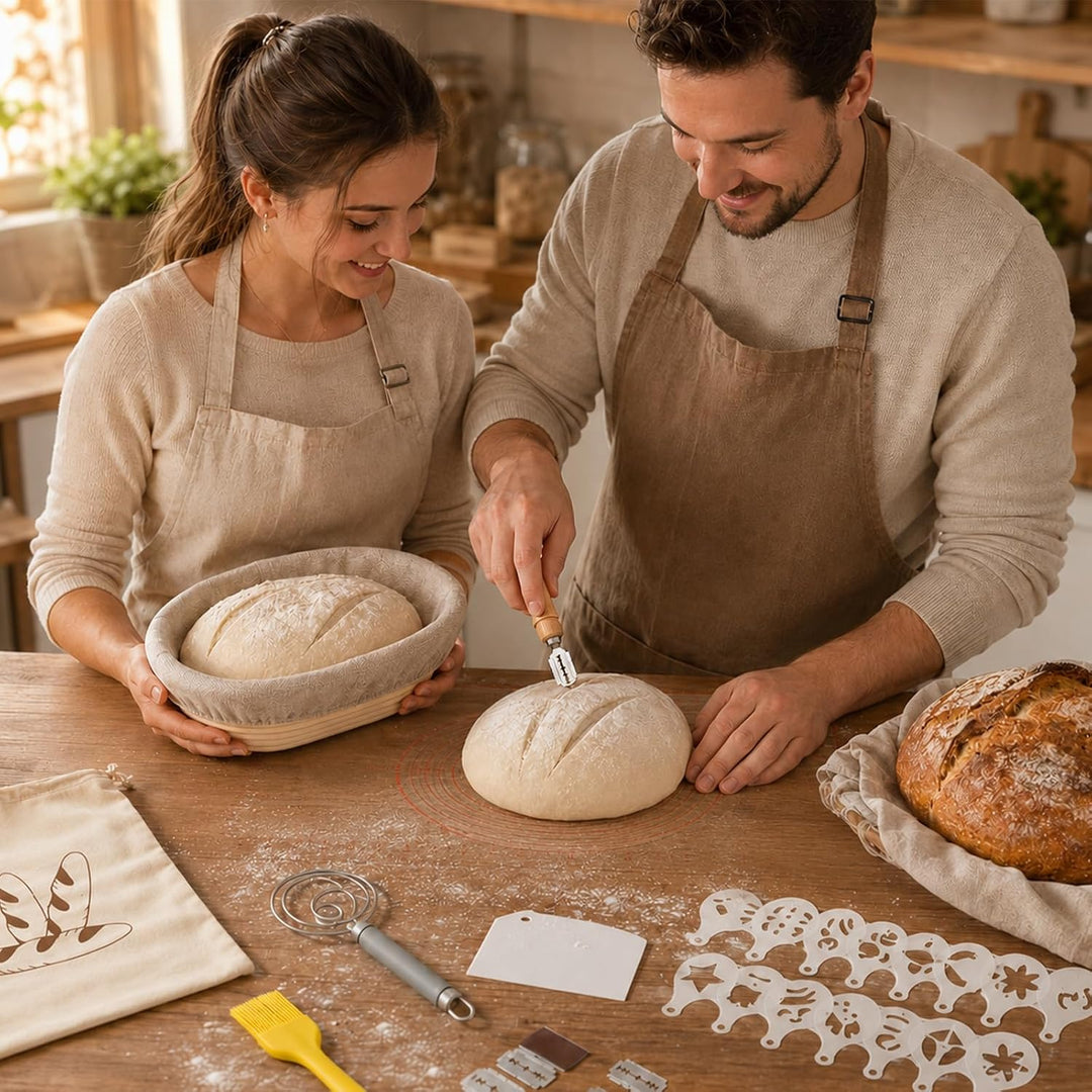 14 Stück Sauerteig Starter Set– Brotgärkorb – Set– aus Silikon (23cm Rund &amp; 25cm Gärkörbchen Oval)–G