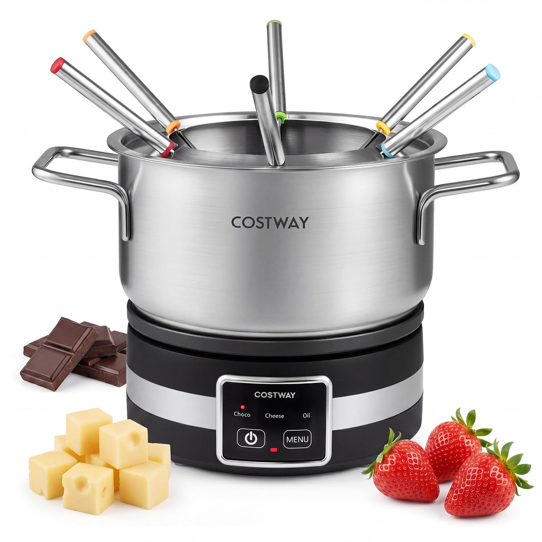 COSTWAY Fondue elektrisch Set, 1200W Fondueset mit 8 farblich markierten Gabeln & Gabelhalter, 2,3l
