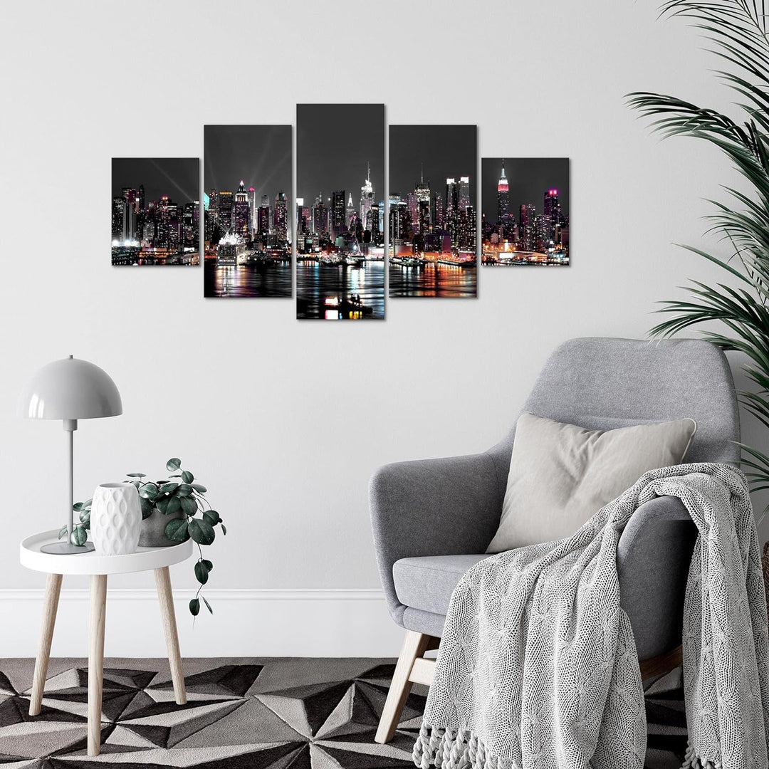 Runa Art Wandbilder New York City 5 Teilig Bild auf Vlies Leinwand Deko Wohnzimmer Büro Stadt Skylin