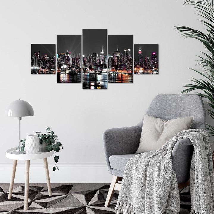 Runa Art Wandbilder New York City 5 Teilig Bild auf Vlies Leinwand Deko Wohnzimmer Büro Stadt Skylin