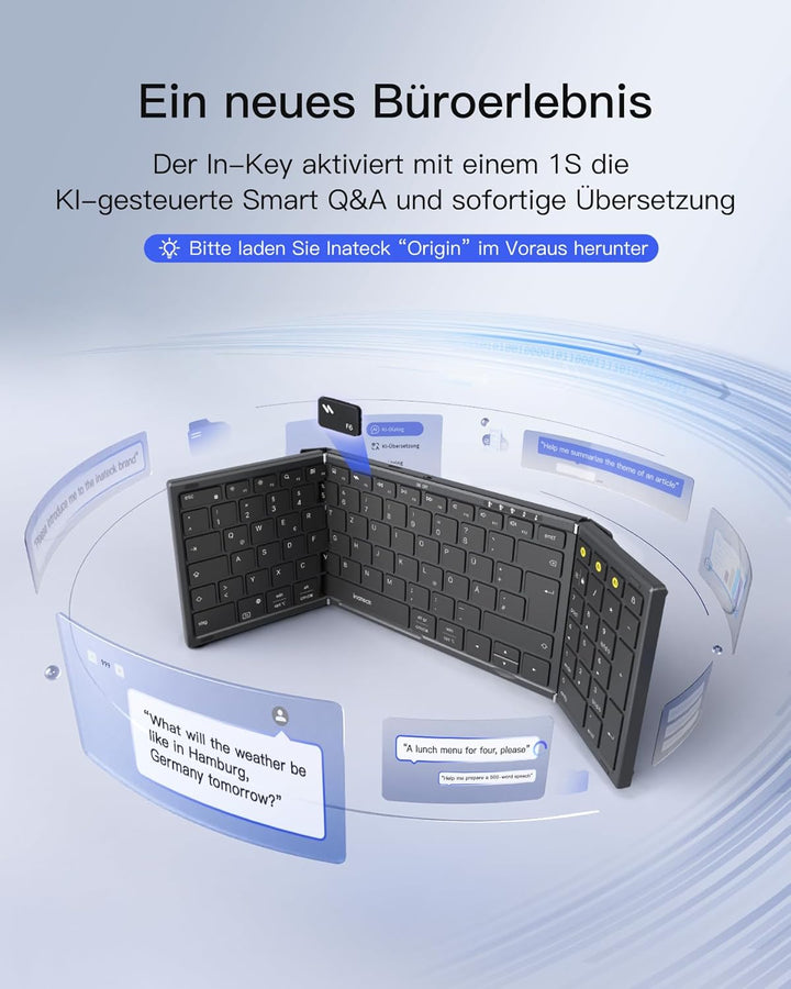 Inateck Faltbare Tastatur Kabellos,Klappbare Tastatur mit Ziffernblock mit 3 Kanälen,AI-Key,mit Stän