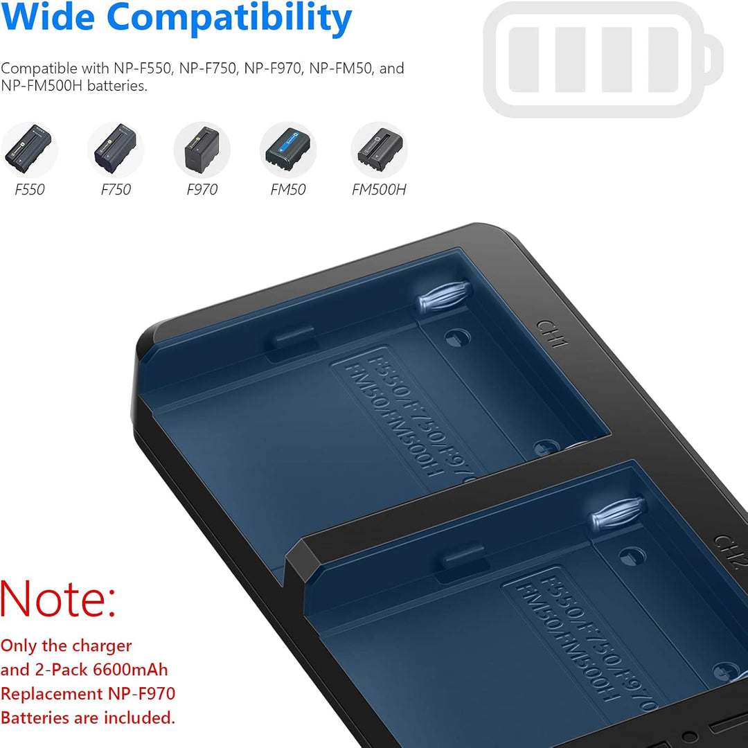 NEEWER Ladegerät Dual USB mit 2Stk 6600mAh Ersatzakkus NP-F970, Schnellladegerät kompatibel mit Sony