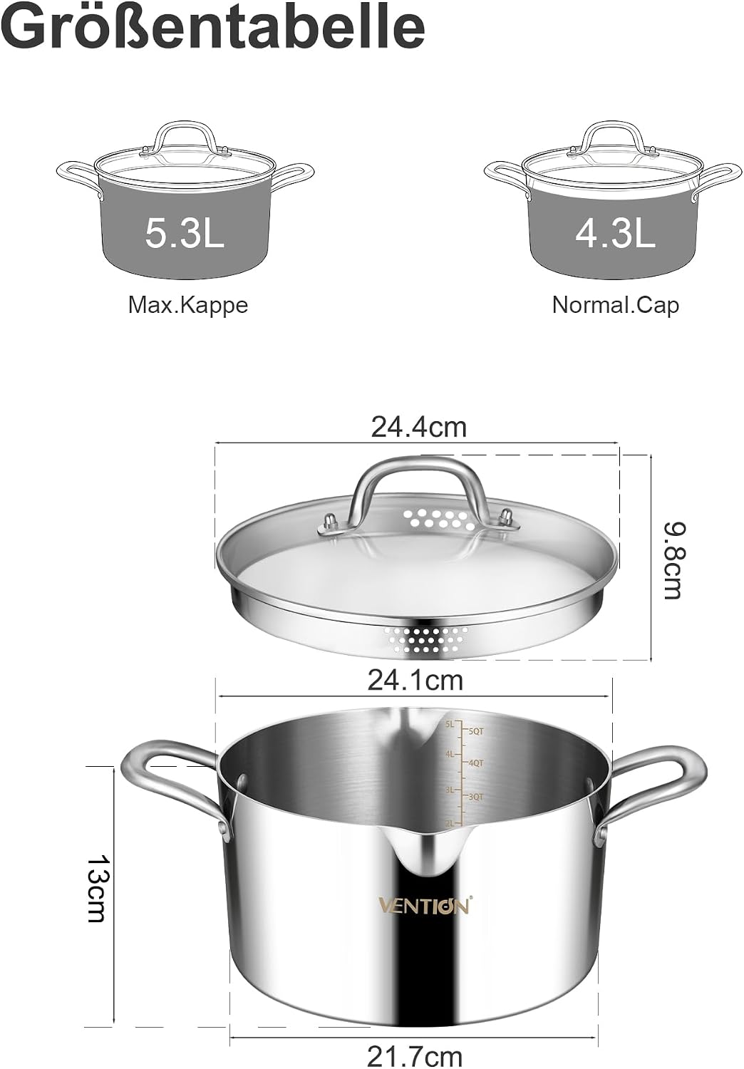 VENTION Dreilagiger Edelstahl-Kochtopf mit Glassiebdeckel, 5.3 Liter Mehrzweck-Pastatopf, Induktions