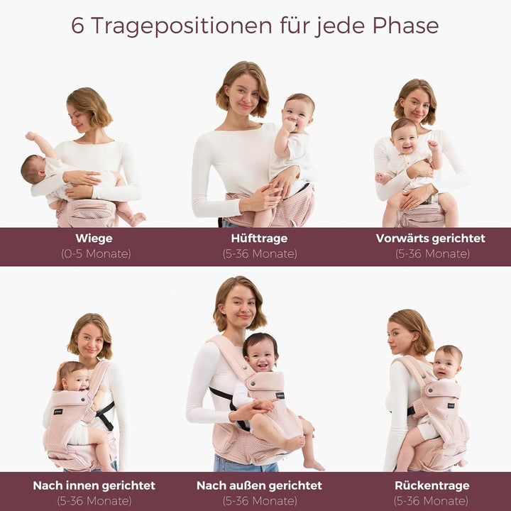 Momcozy Babytrage mit Hüftkissen, 2-in-1 Verstellbare &amp; Abnehmbare Babytrage bis 20kg Rosa