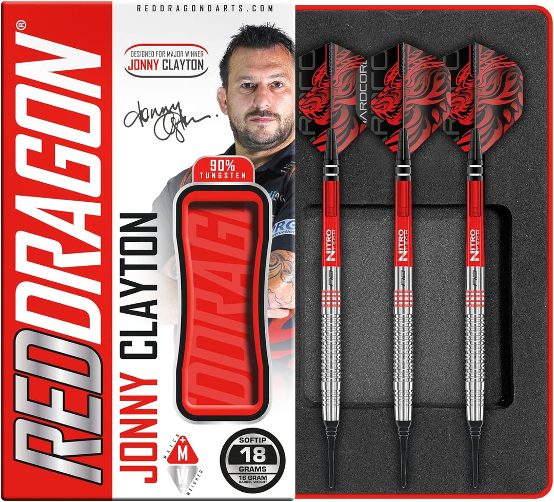 RED DRAGON Jonny Clayton Original Professional Tungsten Dartset mit Flights und Stielen 18.0 Gramm,