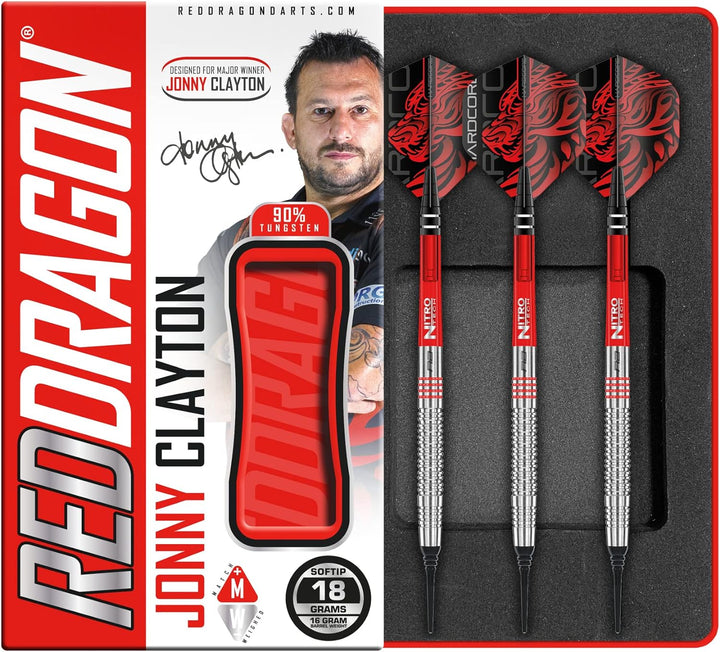 RED DRAGON Jonny Clayton Original Professional Tungsten Dartset mit Flights und Stielen 18.0 Gramm,