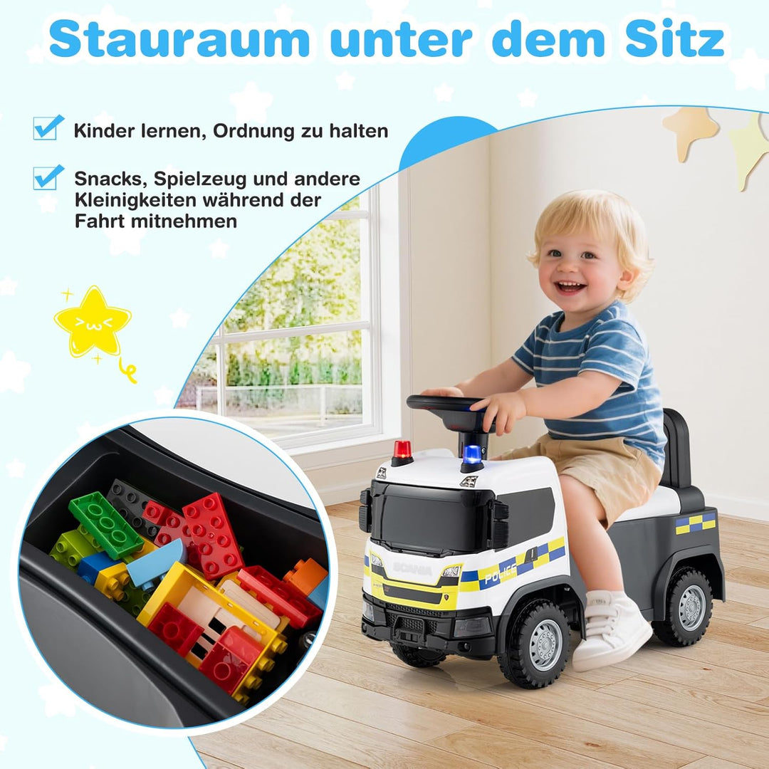 COSTWAY 2 in 1 Rutschauto, Polizeiauto mit Lenkrad, LED-Licht, Hupe & Musik, Rutscher Auto mit Staur