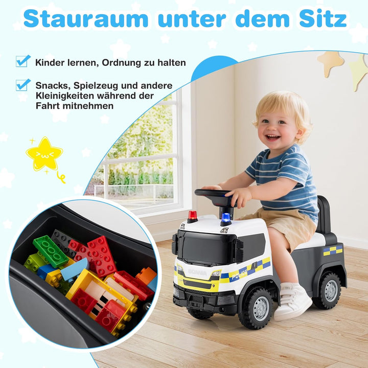 COSTWAY 2 in 1 Rutschauto, Polizeiauto mit Lenkrad, LED-Licht, Hupe & Musik, Rutscher Auto mit Staur
