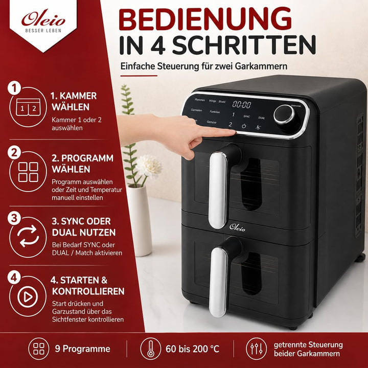 Maestro Airfryer Doppelkammer XXL Heissluftfritteuse 2 Kammern I 2460W - Heissluftfritteuse mit Glas