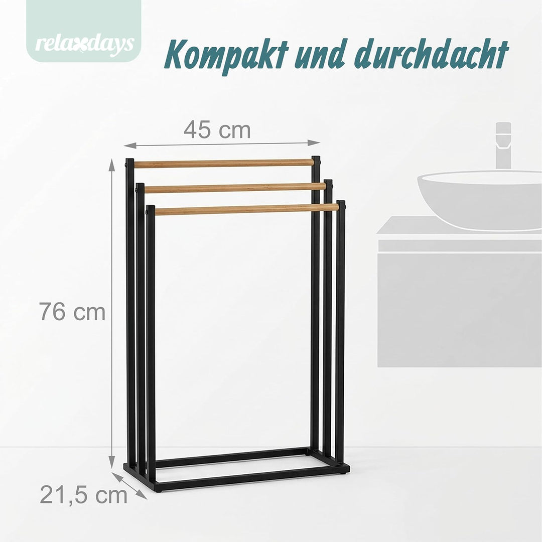 Relaxdays Handtuchständer, HBT: 76 x 45 x 21,5 cm, Metall, 3 Stangen aus Bambus, stehender Handtuchh