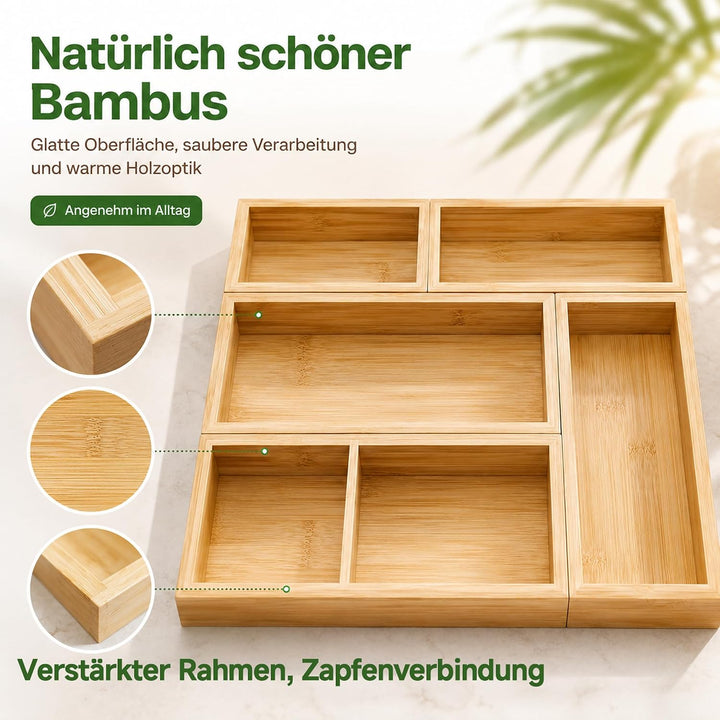 Schubladen Organizer aus Naturbambus 5er Set | Stapelbar, Aufbewahrungsbox Holz, Schreibtisch Organi