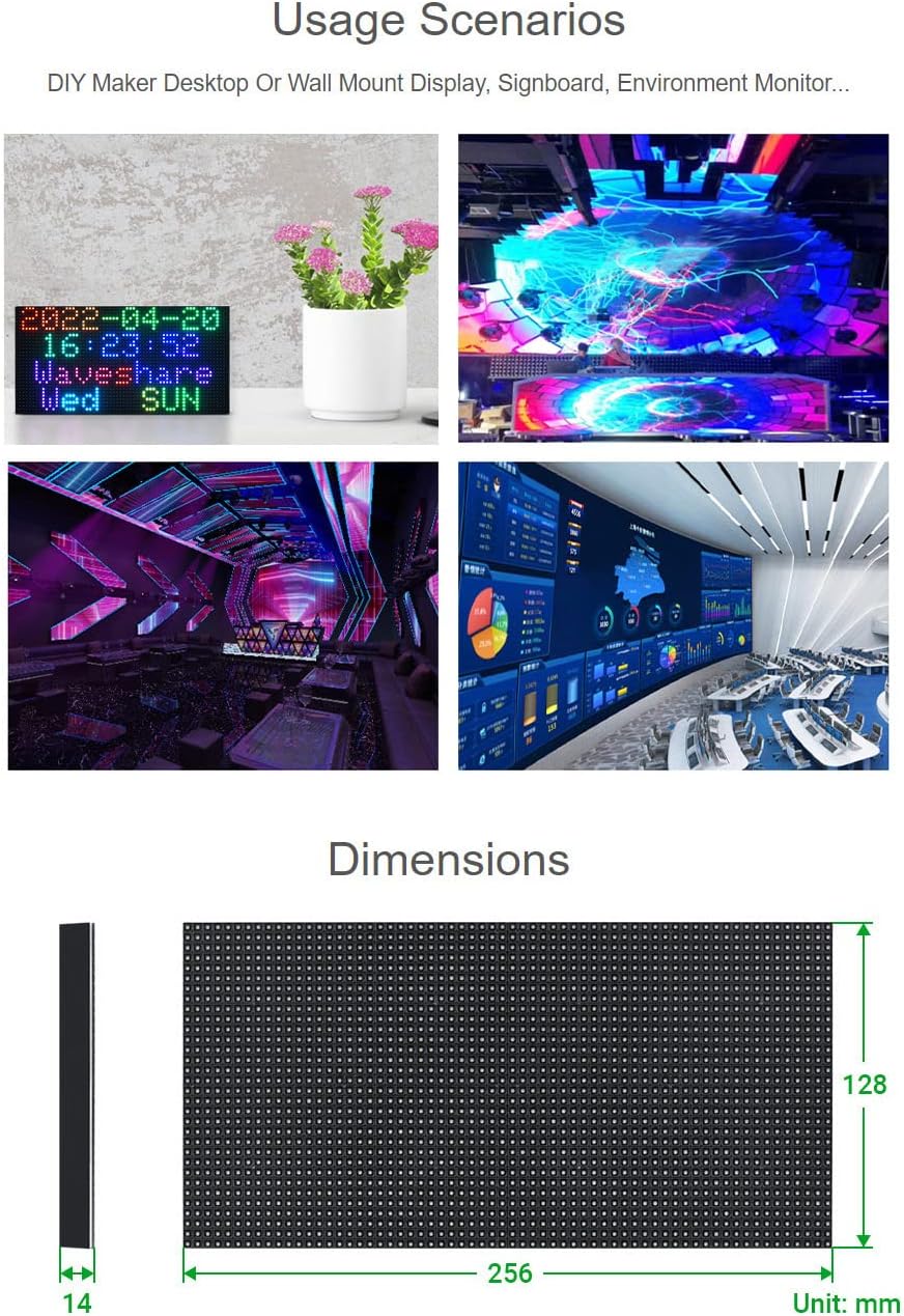 Waveshare RGB Full-Color LED Matrix Panel 4mm Pitch 64×32 Pixels 2048 Individual RGB LEDs Adjustable