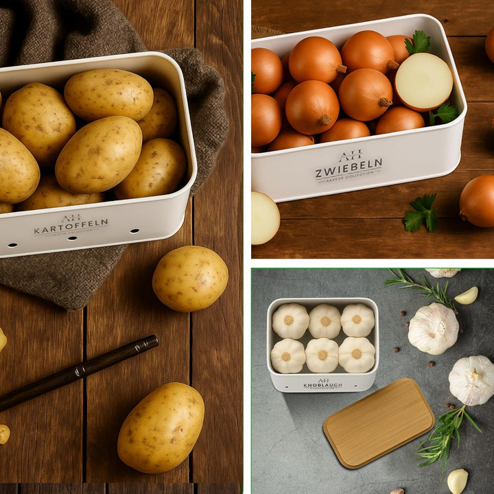 AH® Kartoffel Aufbewahrungsbox inkl. Gemüsebürste [4er Set]- zwiebeltopf, kartoffelbox - Geeignet fü
