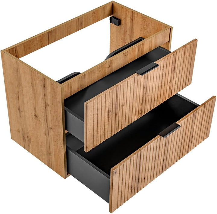 Lomadox Badezimmermöbel Waschtisch-Unterschrank 80 cm in Wotaneiche mit gerillter Front, 2 Softclose