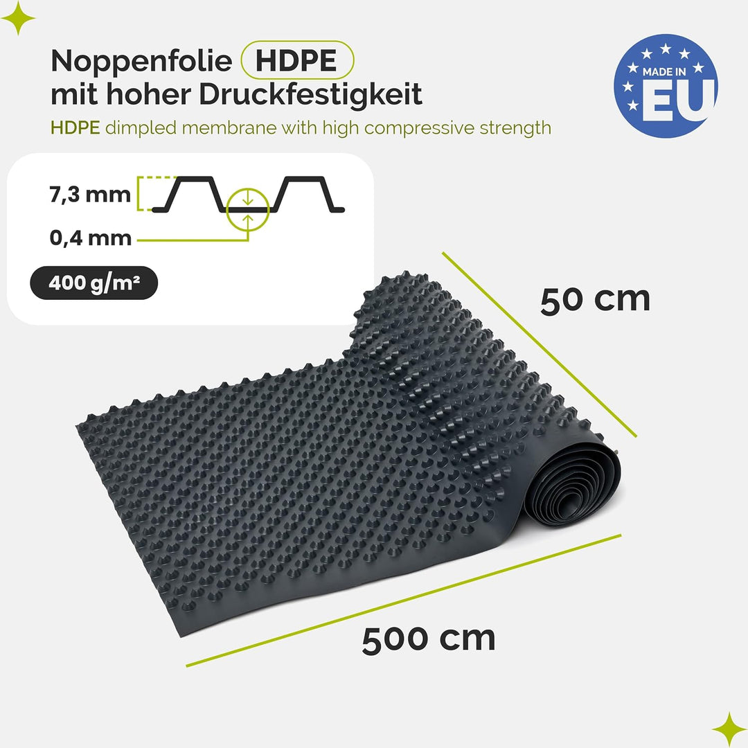 Garronda Noppenfolie Noppenbahn Drainagebahn HDPE 400g/m² 0,5x5 m GD-0160 Schwarz 0,5 x 5 m, Schwarz