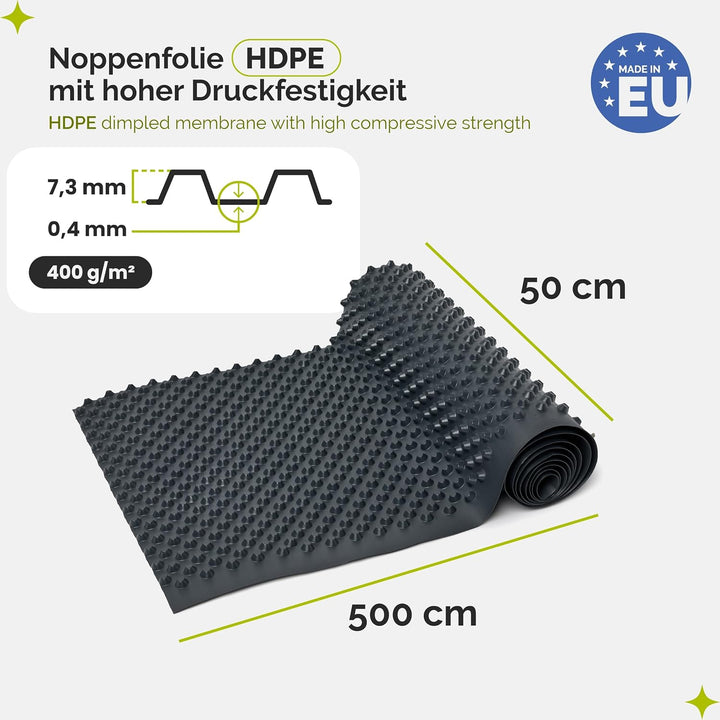 Garronda Noppenfolie Noppenbahn Drainagebahn HDPE 400g/m² 0,5x5 m GD-0160 Schwarz 0,5 x 5 m, Schwarz