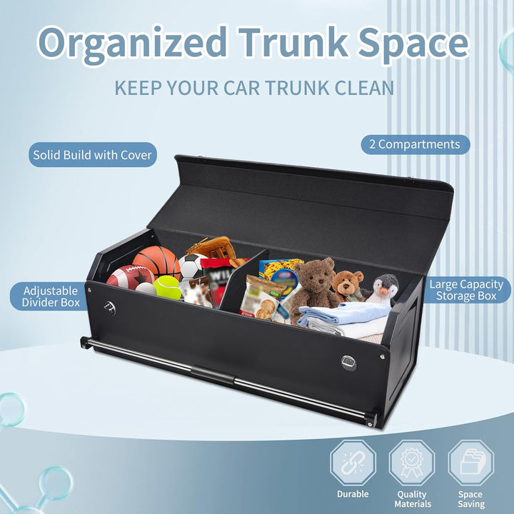 Auto Kofferraum Organizer Gross XXL, Aufbewahrungsbox mit Deckel und Stabilem Griff, 90L Premium Led
