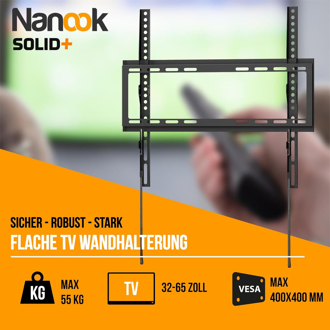 Nanook SOLID+ Ultraflache Stabile Feste TV-Wandhalterung für 32-65 Zoll | Nur 20 mm Wandabstand | Un