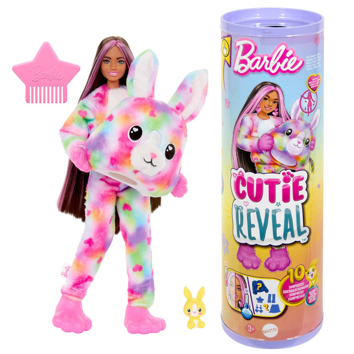 Barbie Cutie Reveal Puppe und Accessoires, Batik-Häschen-Plüschkostüm und 10 Überraschungen mit Farb