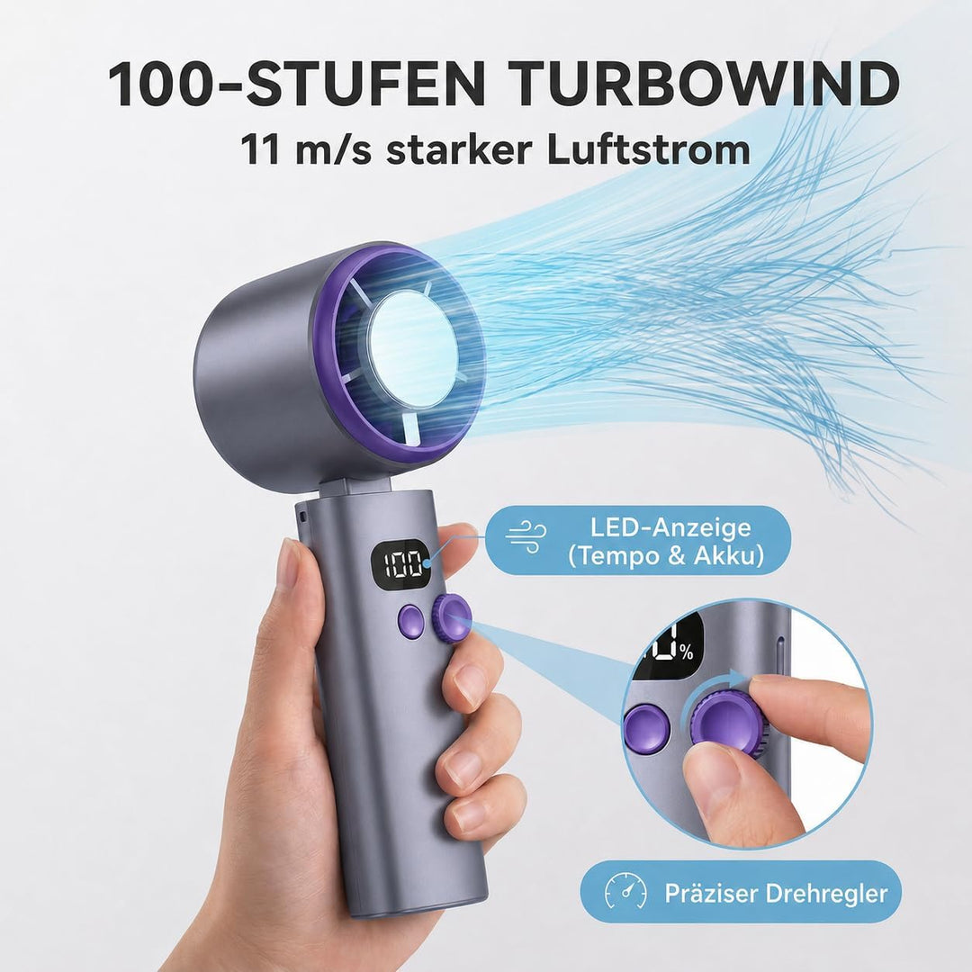 Handventilator mit Kuehlung, Mini Ventilator Akku Aufladbar mit 100-Speed Turbo Wind &amp; LED Display,