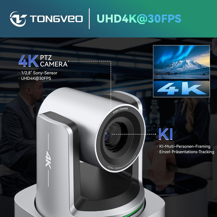 TONGVEO 4K PTZ Kamera Konferenzsystem，10X Zoom AI Auto-Tracking Kamera &amp; Bluetooth Speakerphone, USB