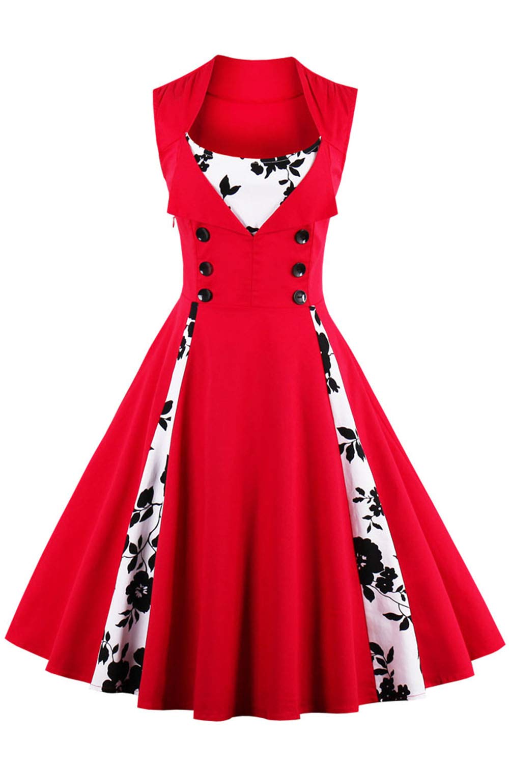 Axoe Damen 50er Jahre Kleider mit Gepunkte Rockabilly 3XL Rot-blumenmuster, 3XL Rot-blumenmuster