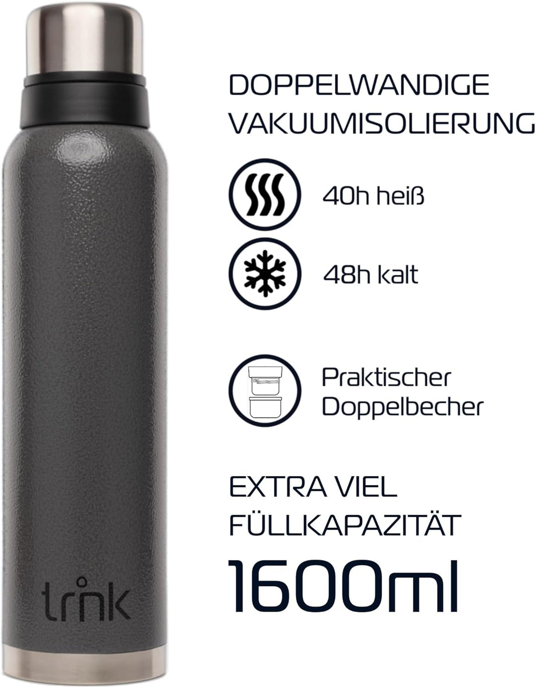 trnk Outdoor Thermosflasche polar 2 - Edelstahl Thermoskanne 1600ml - BPA-frei - Thermos hält 40 Stu