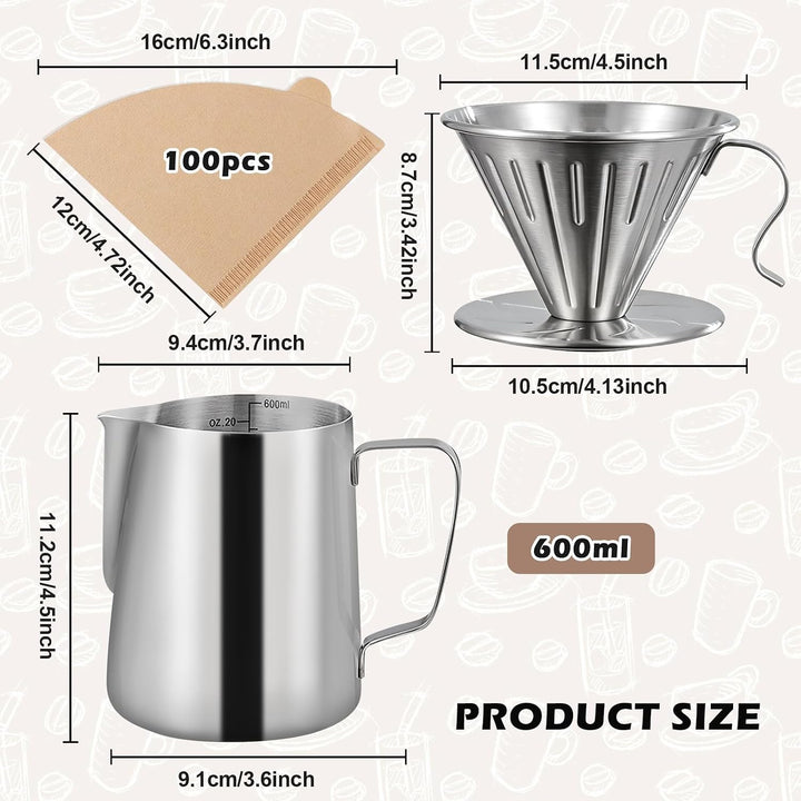 Pour Over Kaffeebereiter Set, Edelstahl, mit kaffeefilterhalter 100 Papierfilter und 600 ml Milchauf