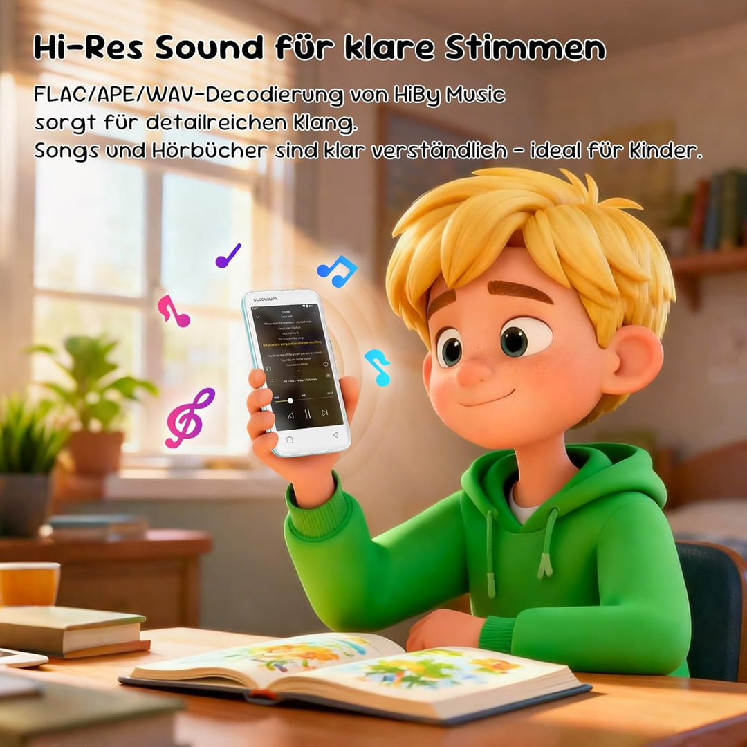 MP3-Player für Kinder, Kindersicherung, 16GB, unterstützt Spotify und Audible, Bluetooth und WLAN (M