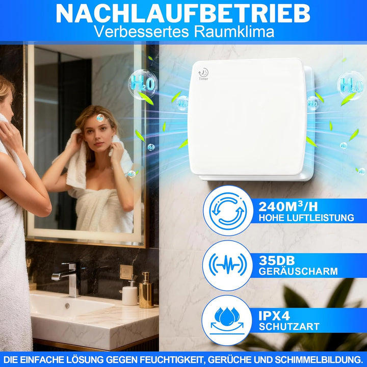 Ø150mm Badlüfter mit Nachlauf [18W - IPX4 - 35db - 240m³/h] Leiser Abluftventilator mit Rücklaufklap