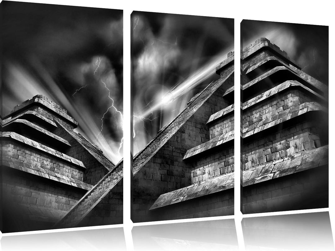 Pixxprint Monocrome, Majatempel bei Gewitter 3-Teiler Leinwandbild 120x80 Bild auf Leinwand