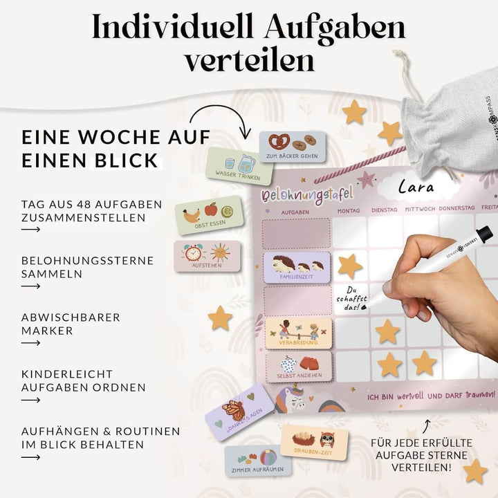 Lebenskompass® Belohnungstafel Kinder Rosa - Abwischbare Whiteboard-Tafel mit Aufhängeband - Belohnu