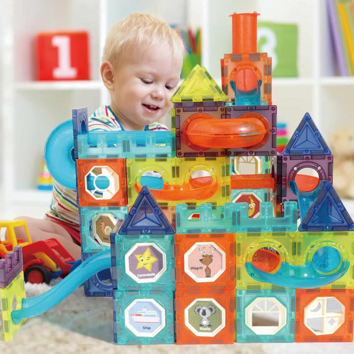 Magnetische Bausteine 144 Teile mit LED-Beleuchtung und Magnetkugelbahn,STEM Montessori-Lernspielzeu