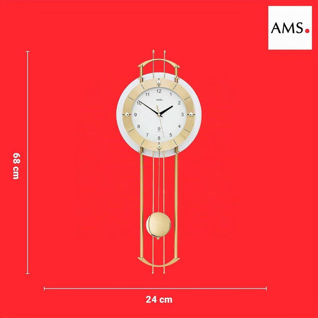 AMS Funkwanduhr 5257 mit glänzendem, messingfarbenem Pendel elegante Funk Pendeluhr Design Wanduhr