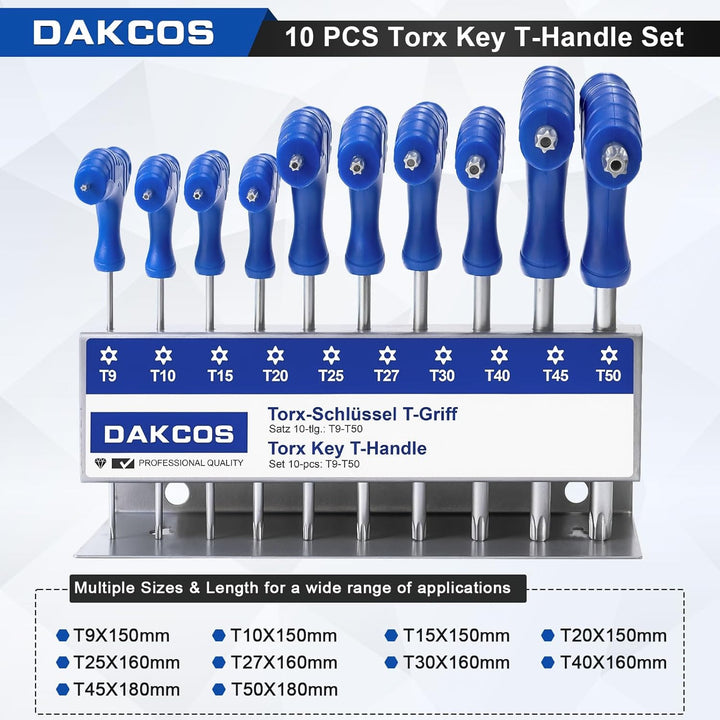 DAKCOS 10 tlg Torx Schlüssel Set mit T-Griff Torx-Stiftschlüssel mit Stirnlochbohrung für Innen-TORX