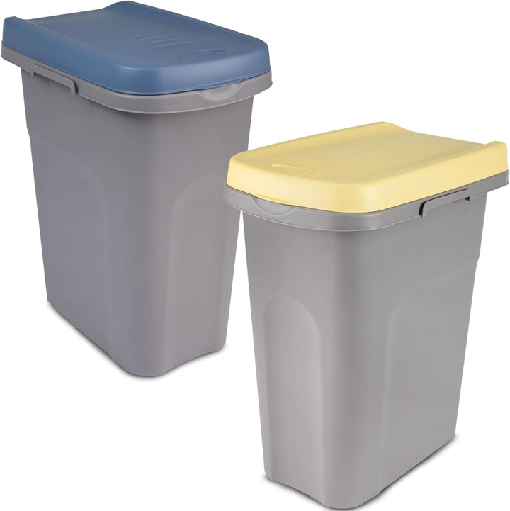 2x 15L Mülleimer Küche gelb blau, Mülleimer 2 Fächer, Mülltrennsystem, Mülltonne, Abfalleimer Küche,