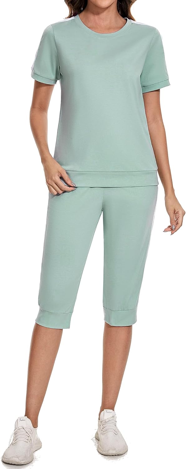 Aottori Jogginganzug Damen Set Rundhals Kurze Ärmel Trainingsanzug Zweiteiler Elegant Hausanzug Frei