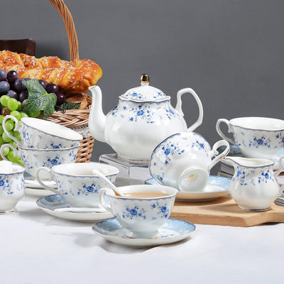 fanquare 21 Stück Porzellan Teeservice, Blau Blumen Tee Set, Englische Kaffeeservice Set mit Teekann